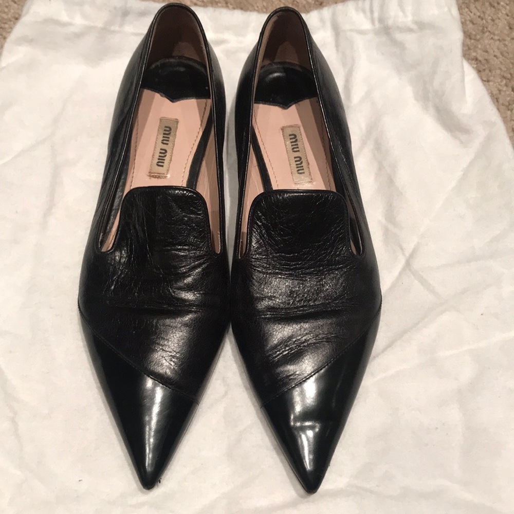 Miu Miu Black Leather Pointed Toe Flats - Picture 1 of 6